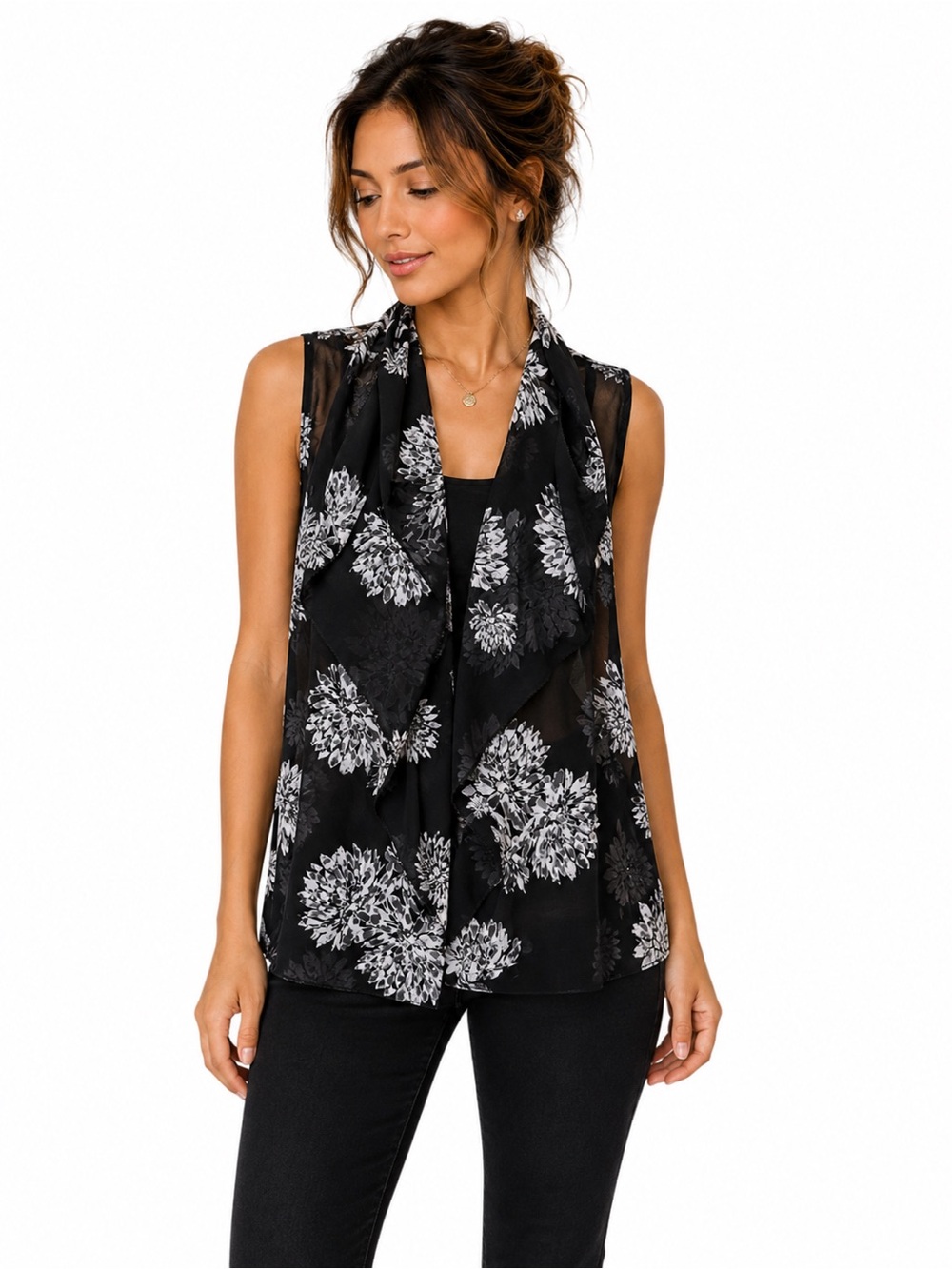 Ann Taylor Black and White Floral Sleeveless Blouse Size XSP Sheer Like New